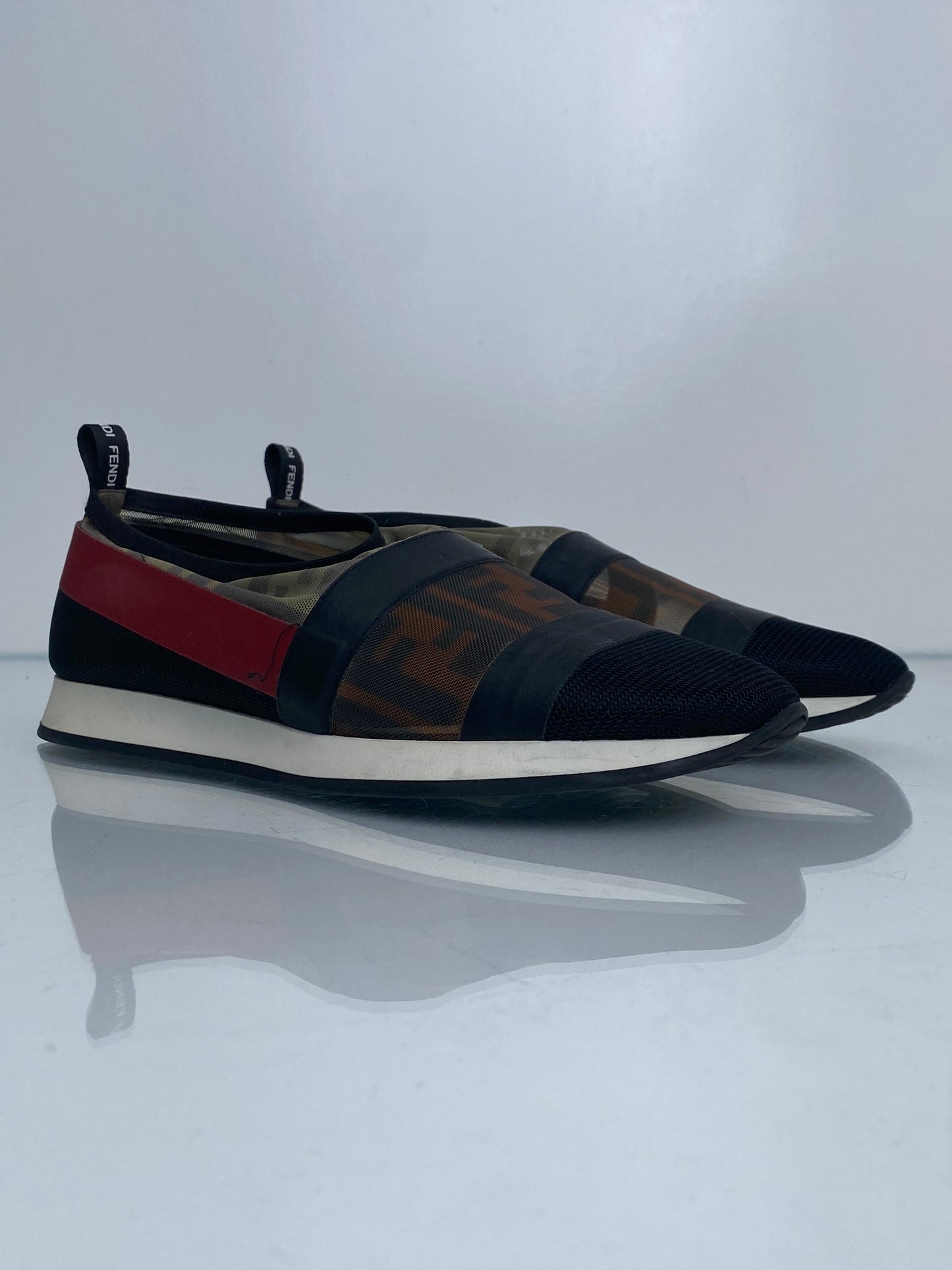 Fendi Red, Black, & Monogram Mesh Slip On Sneakers, 38