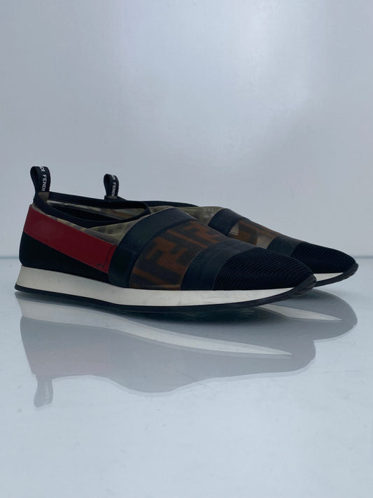 Fendi Red, Black, & Monogram Mesh Slip On Sneakers, 38
