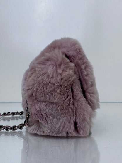 Chanel Pink Rabbit Fur-Trimmed & Blue Tweed Fantasy Flap Shoulder Bag RHW
