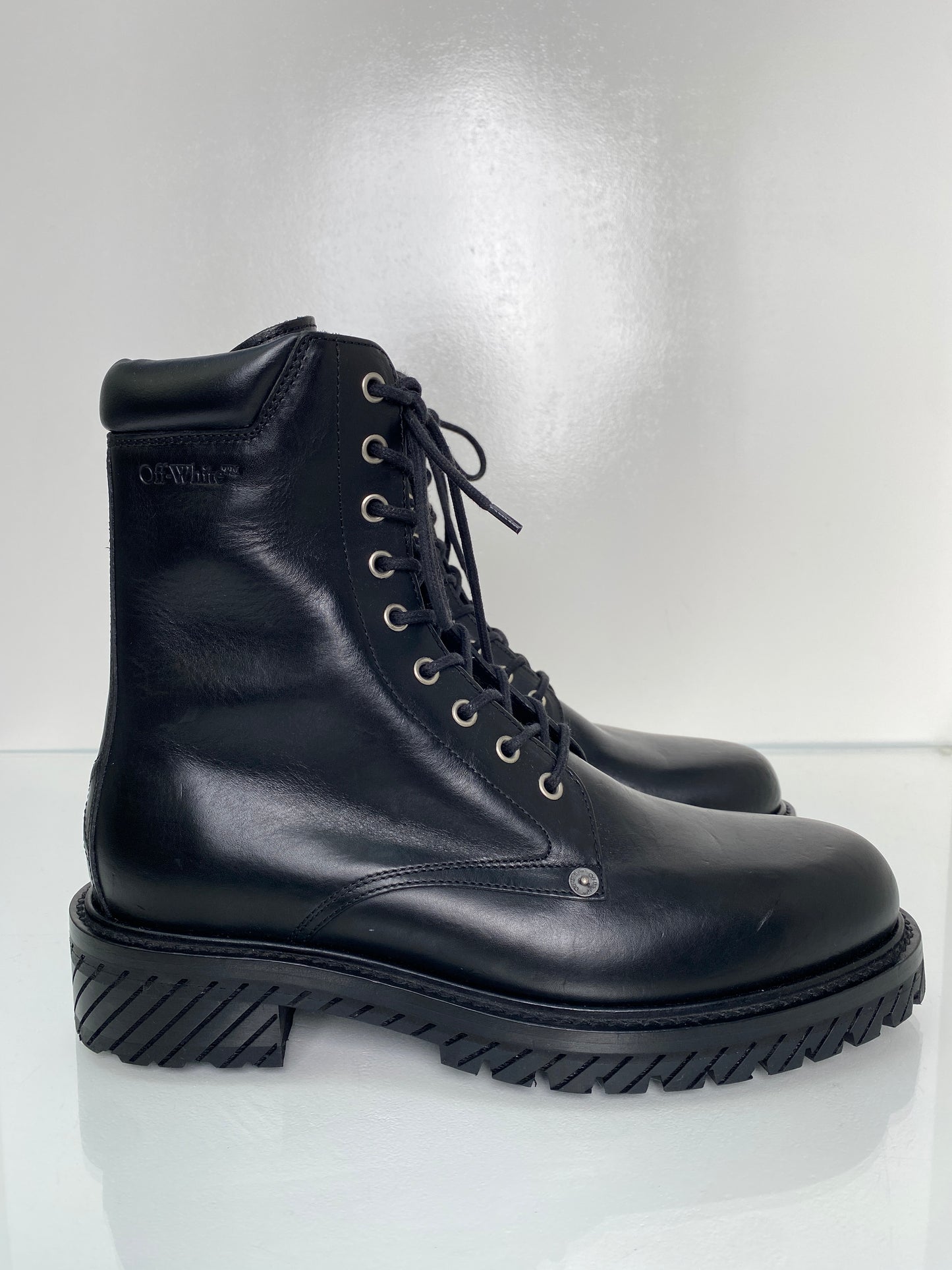 Off White Black Lace Up Combat Boots, 42