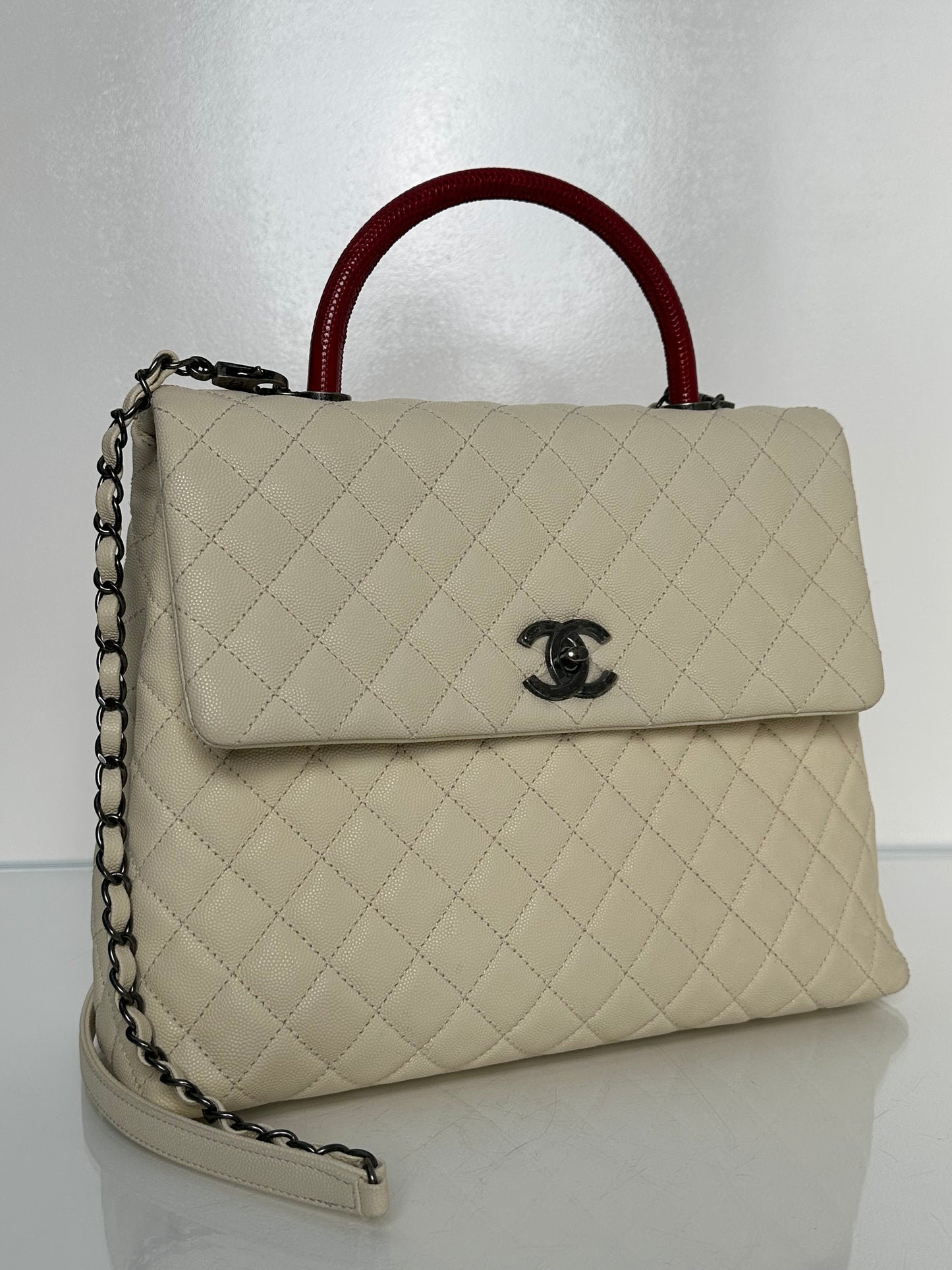 Chanel Cream/Red Lizard Coco Handle Large Bag RHW