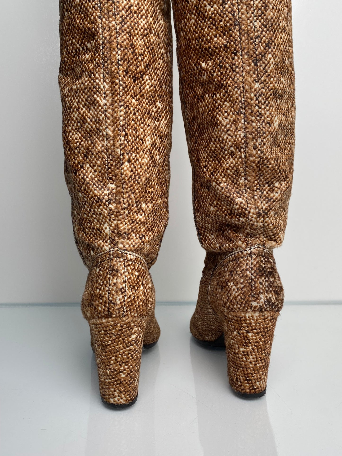 Chanel Brown & White Tweed Thigh High Boots, 41