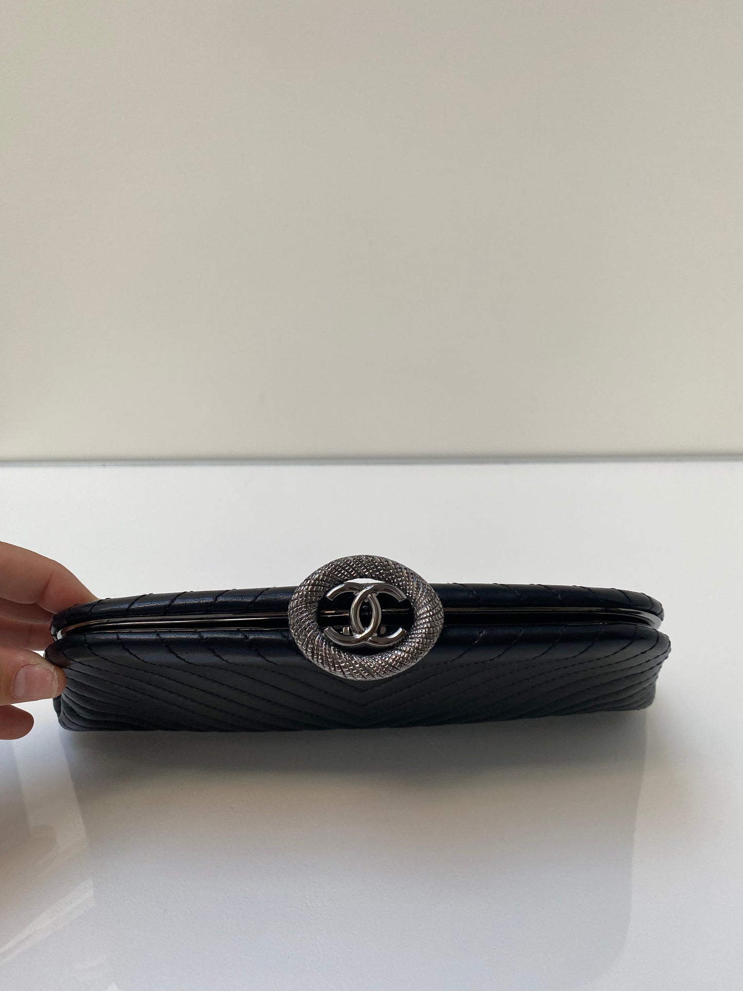 Chanel Surpique Vertical Chevron Black Lambskin Clutch