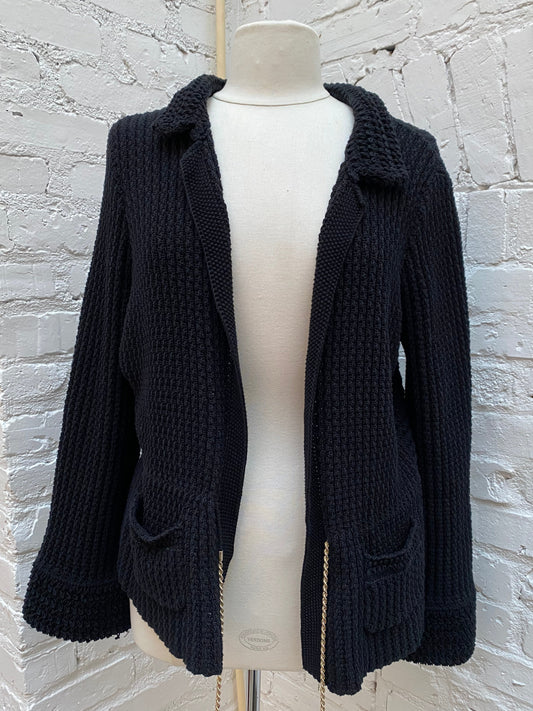 Chanel Vintage Black Knit & Gold Chain Cardigan, 42