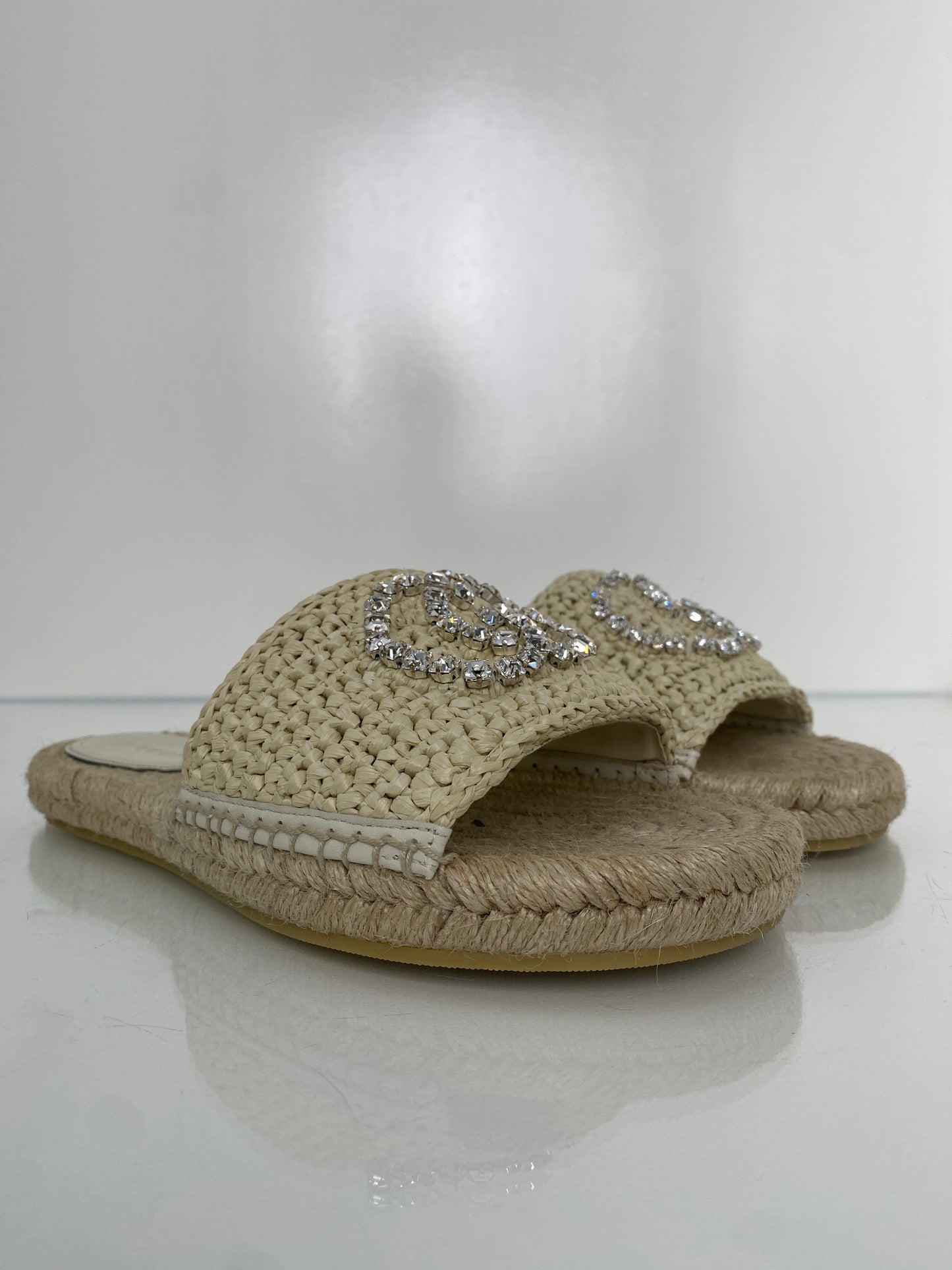 Gucci Tan & Crystal Cora Espadrille Slide Sandals, 39.5