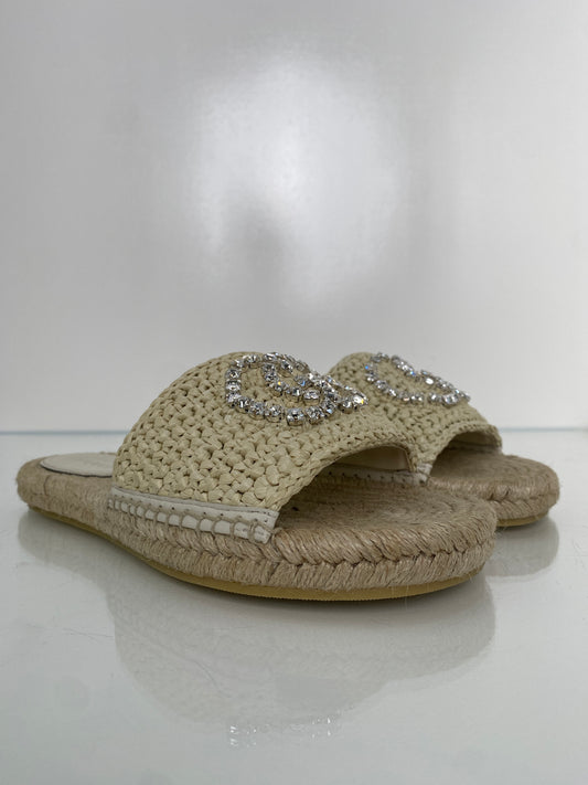 Gucci Tan & Crystal Cora Espadrille Slide Sandals, 39.5