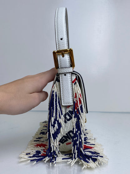 Fendi X Fila Red, White, & Blue Beaded Fringe Mania Baguette Bag GHW