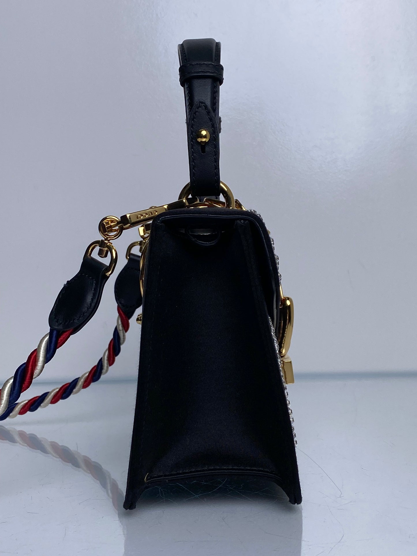 Gucci Black Satin & Webstripe Rhinestone Mini Sylvie Bag GHW (As Is)
