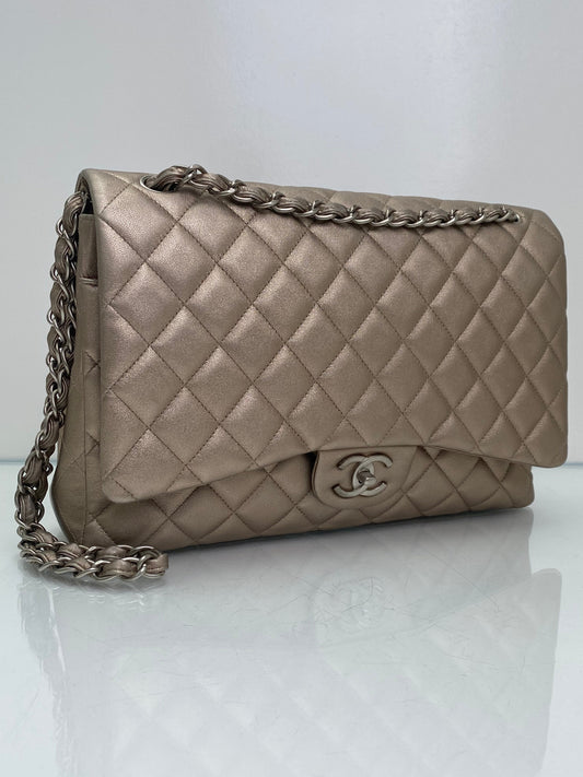 Chanel Single Flap Maxi Lambskin Pewter SHW