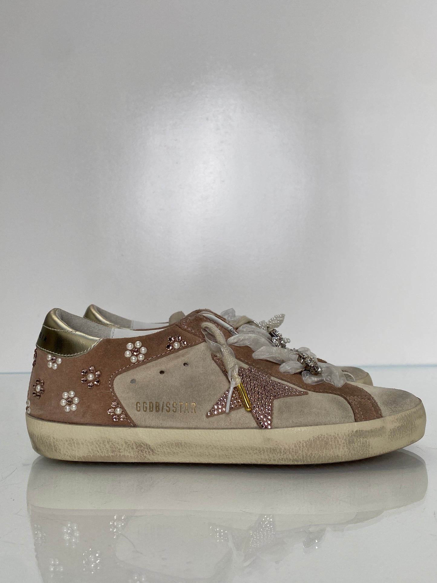 Golden Goose Pink & Tan Suede Pearl Flower Sneakers, 37