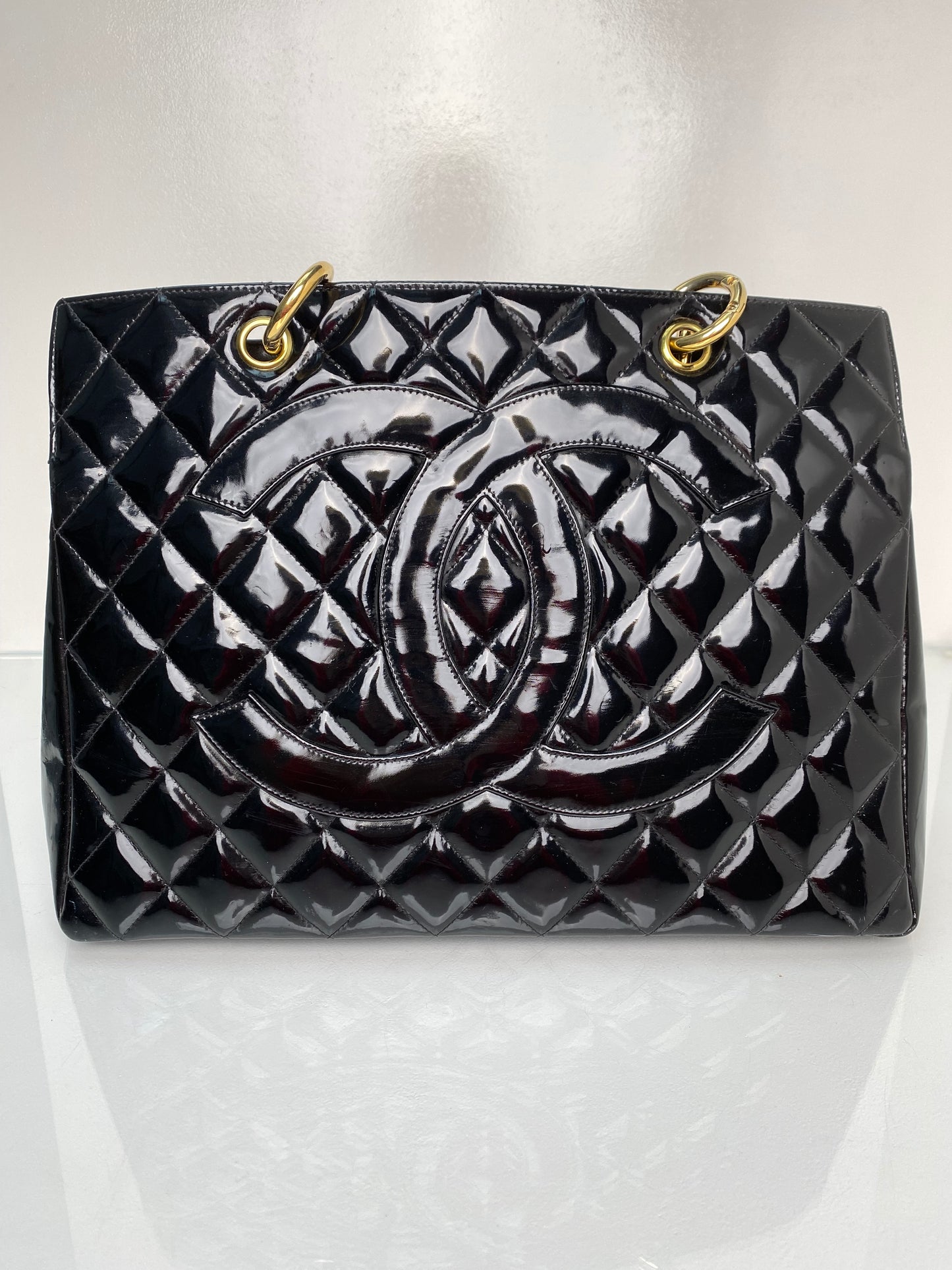 Chanel Vintage Black Patent Quilted Tote Bag GHW