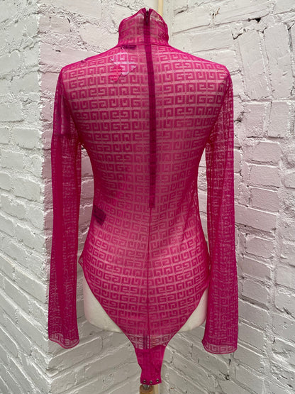 Givenchy Hot Pink Mesh Logo Body Suit, L