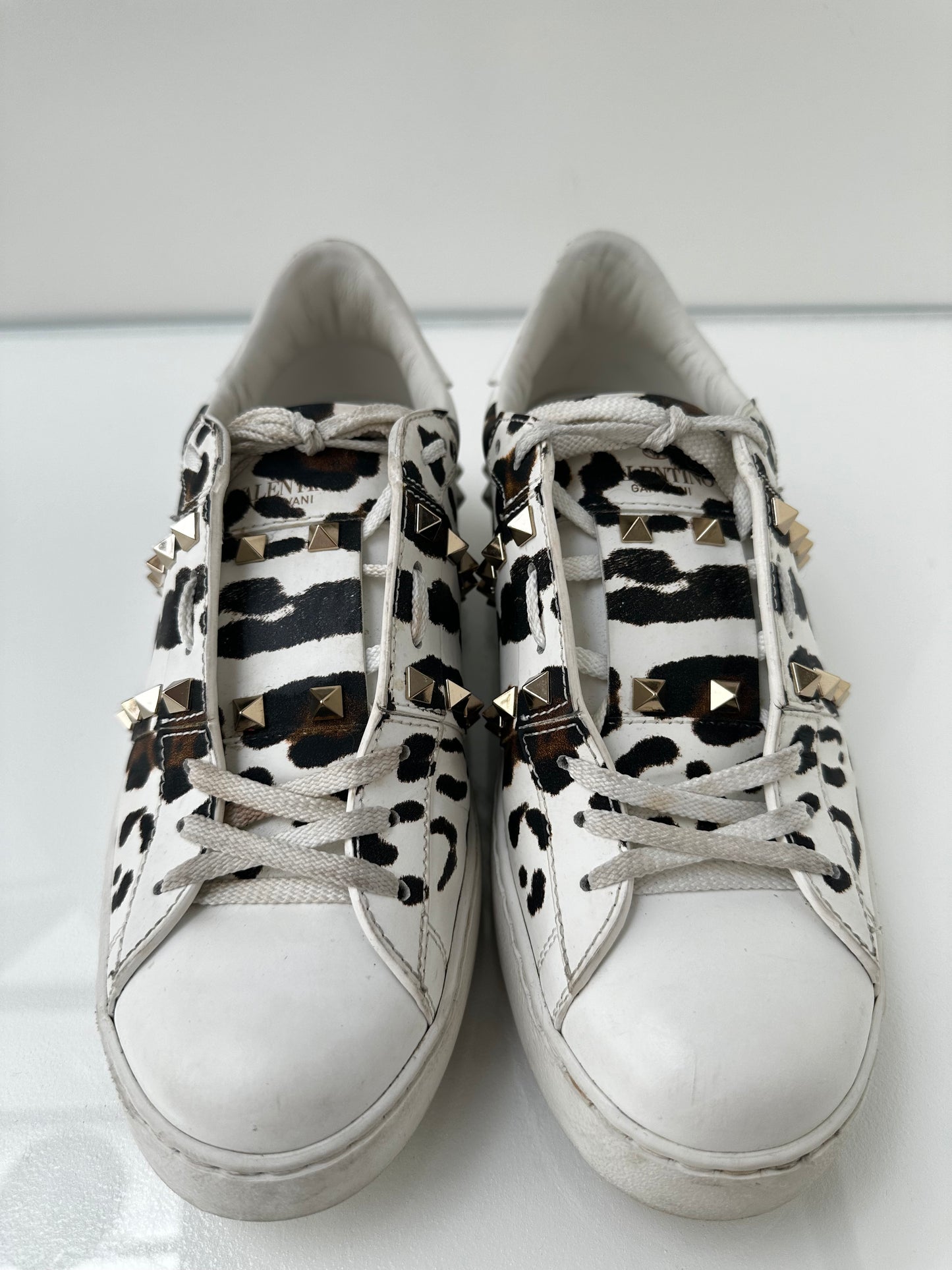 Valentino Cheetah & White Leather Studded Sneakers, 38.5