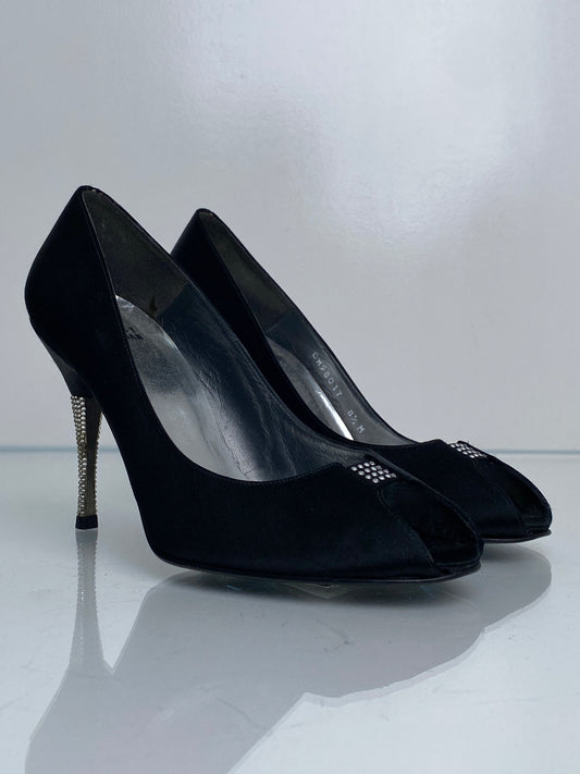Stuart Weitzman Vintage Black Satin & Rhinestone Heels, 8.5