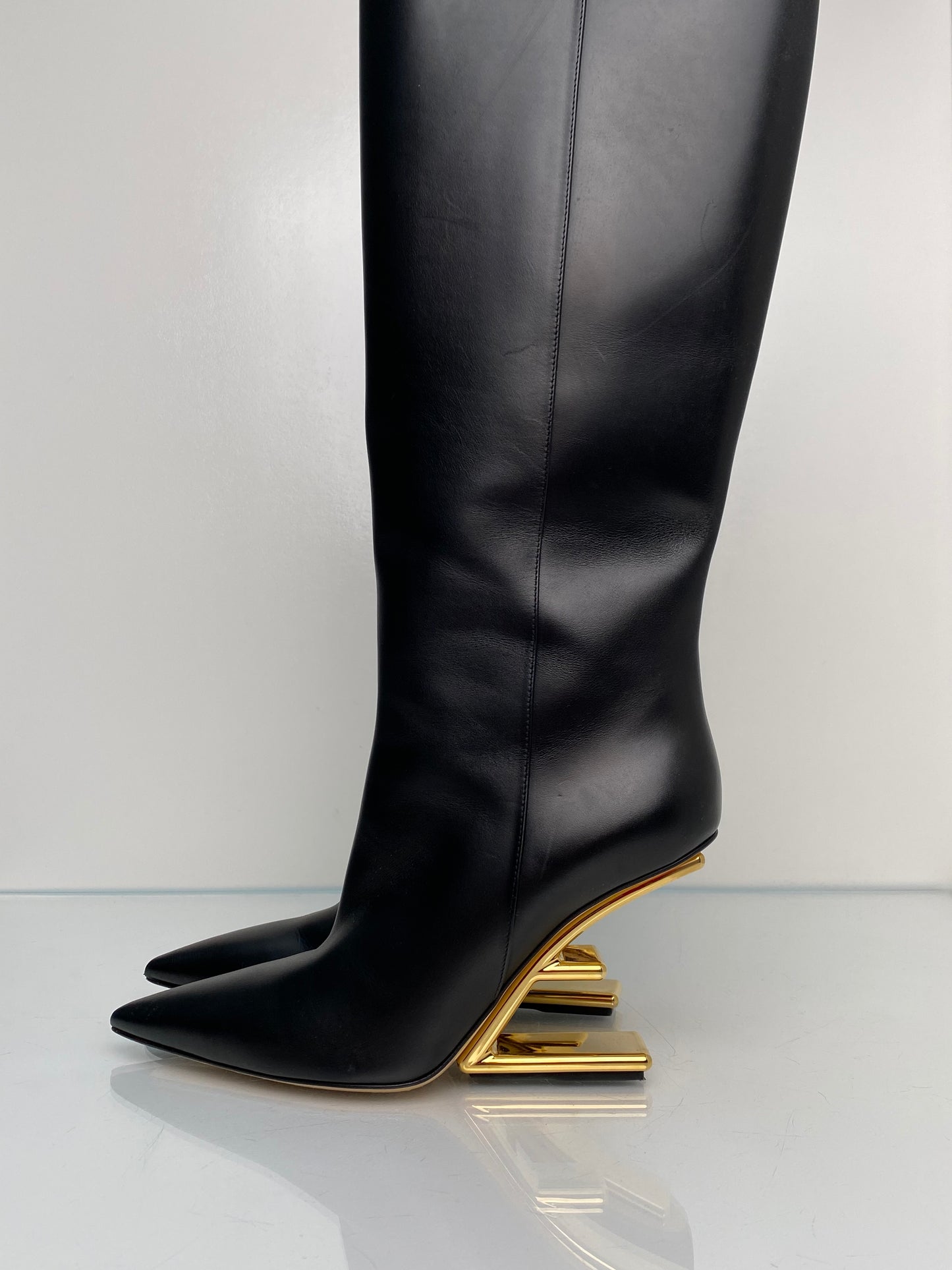 Fendi First Black & Gold Leather F-Heel Boots, 39.5