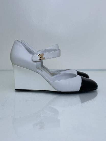 Chanel Black & White Mary Jane CC Wedges, 39.5 (Copy)