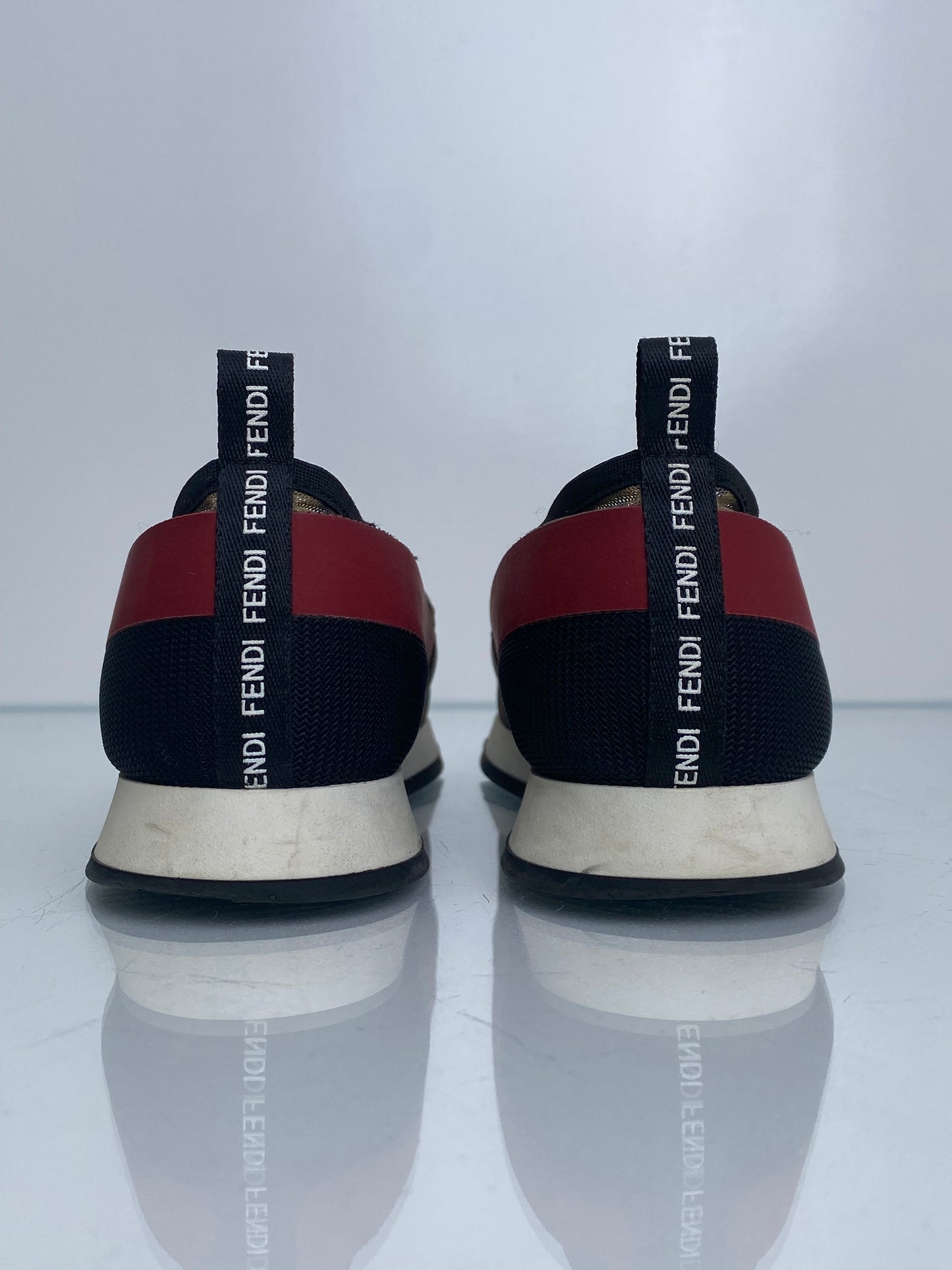 Fendi Red, Black, & Monogram Mesh Slip On Sneakers, 38