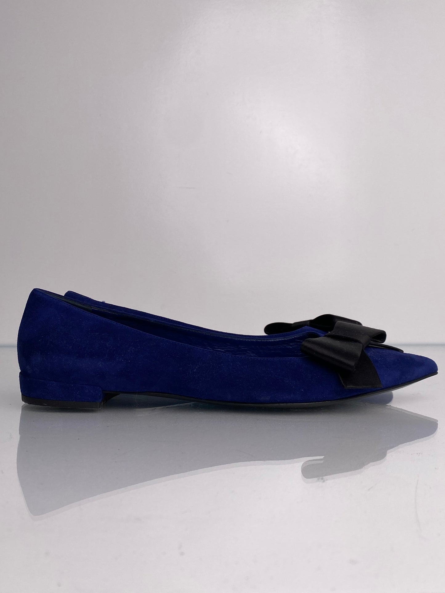 Prada Pointed Toe Blue Suede Bow Flats, 39.5