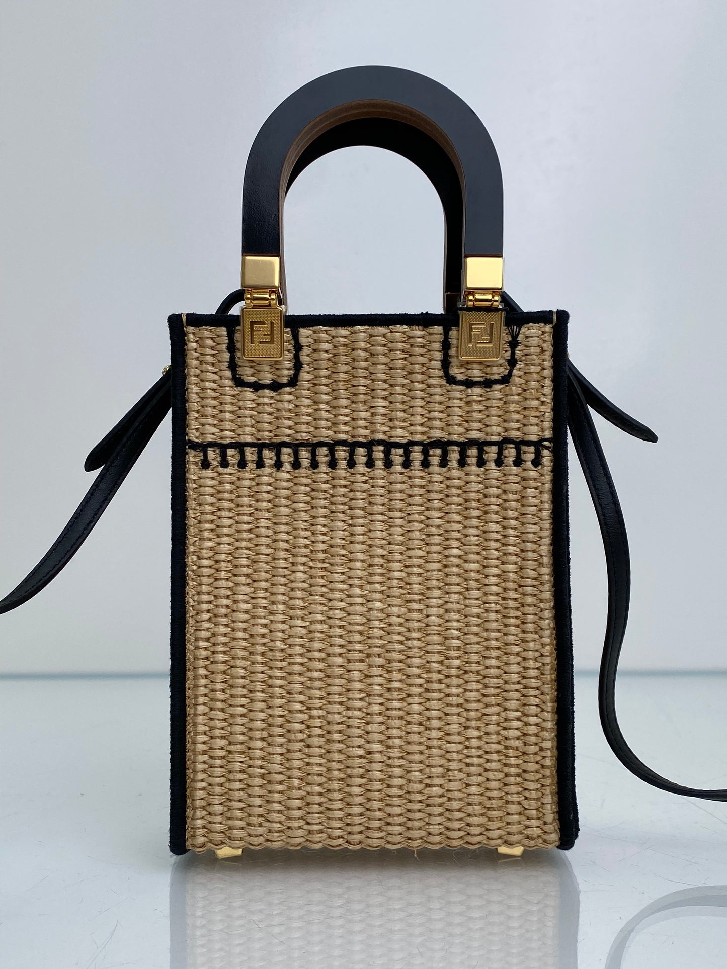 Fendi Tan & Black Raffia Sunshine Mini Shopper Tote Bag GHW
