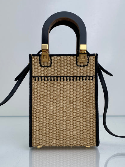 Fendi Tan & Black Raffia Sunshine Mini Shopper Tote Bag GHW