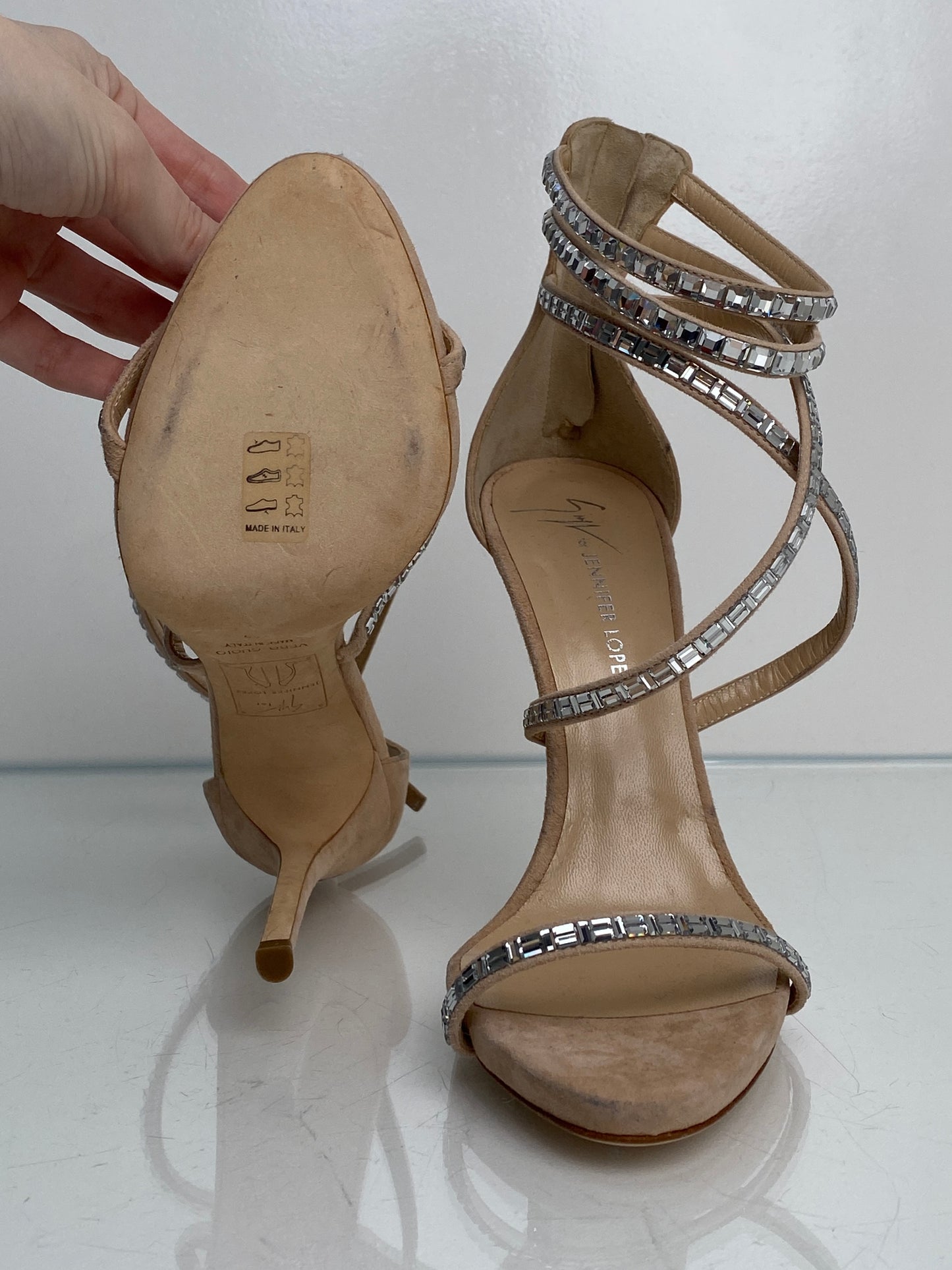 Giuseppe Zanotti By JLO Nude Suede & Rhinestone Heels, 39