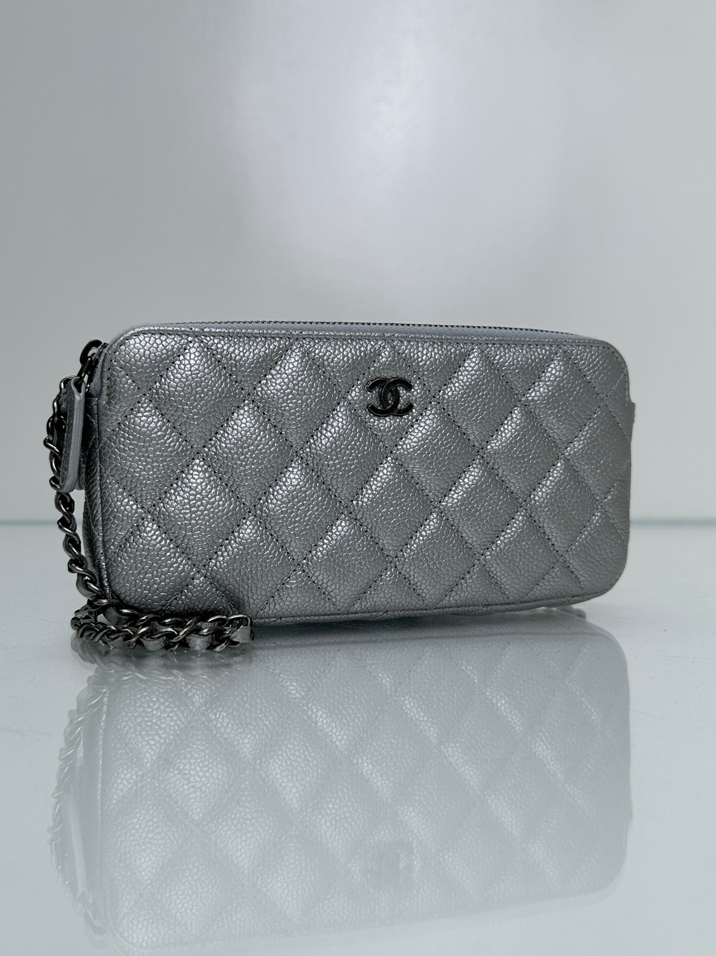 Chanel Double Zip Silver Metallic Caviar Clutch SHW #23