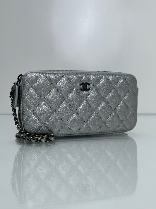 Chanel Double Zip Silver Metallic Caviar Clutch SHW #23