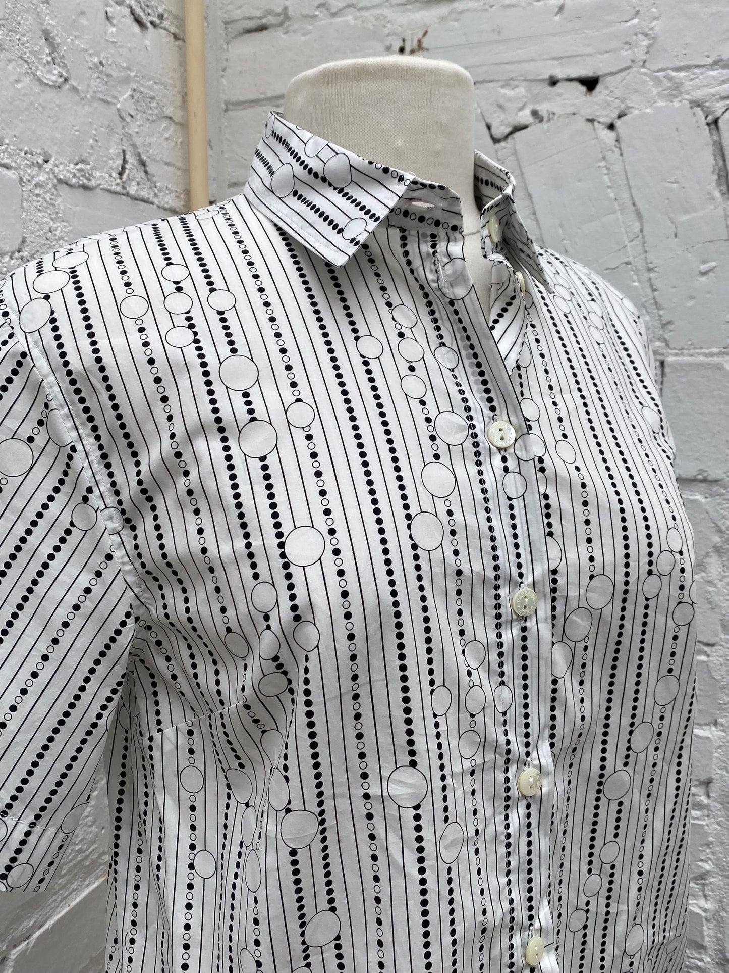 Dolce & Gabbana White & Black Stripe & Dot Button Up Top, 42