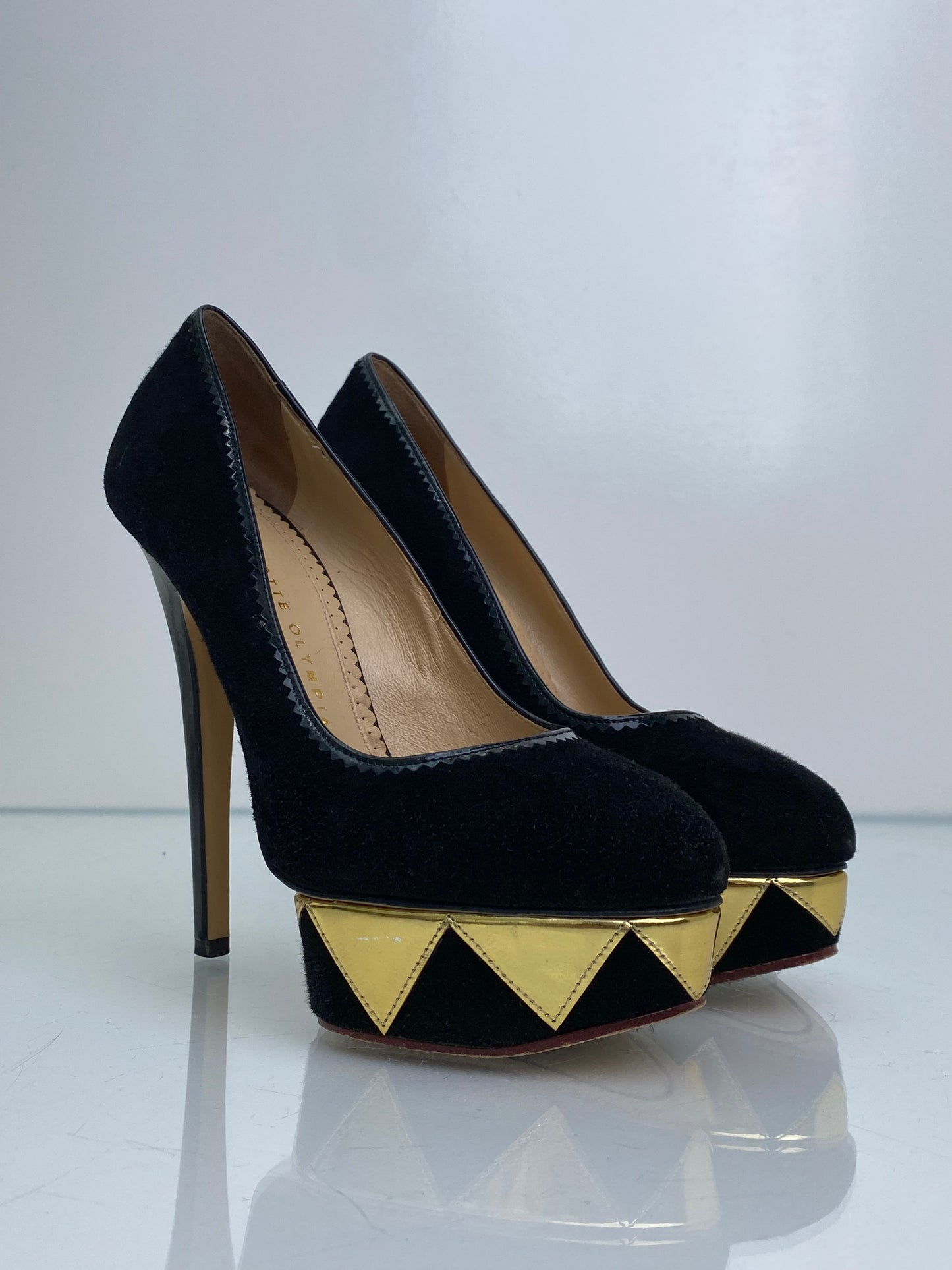 Charlotte Olympia Black & Gold Suede Pumps, 37