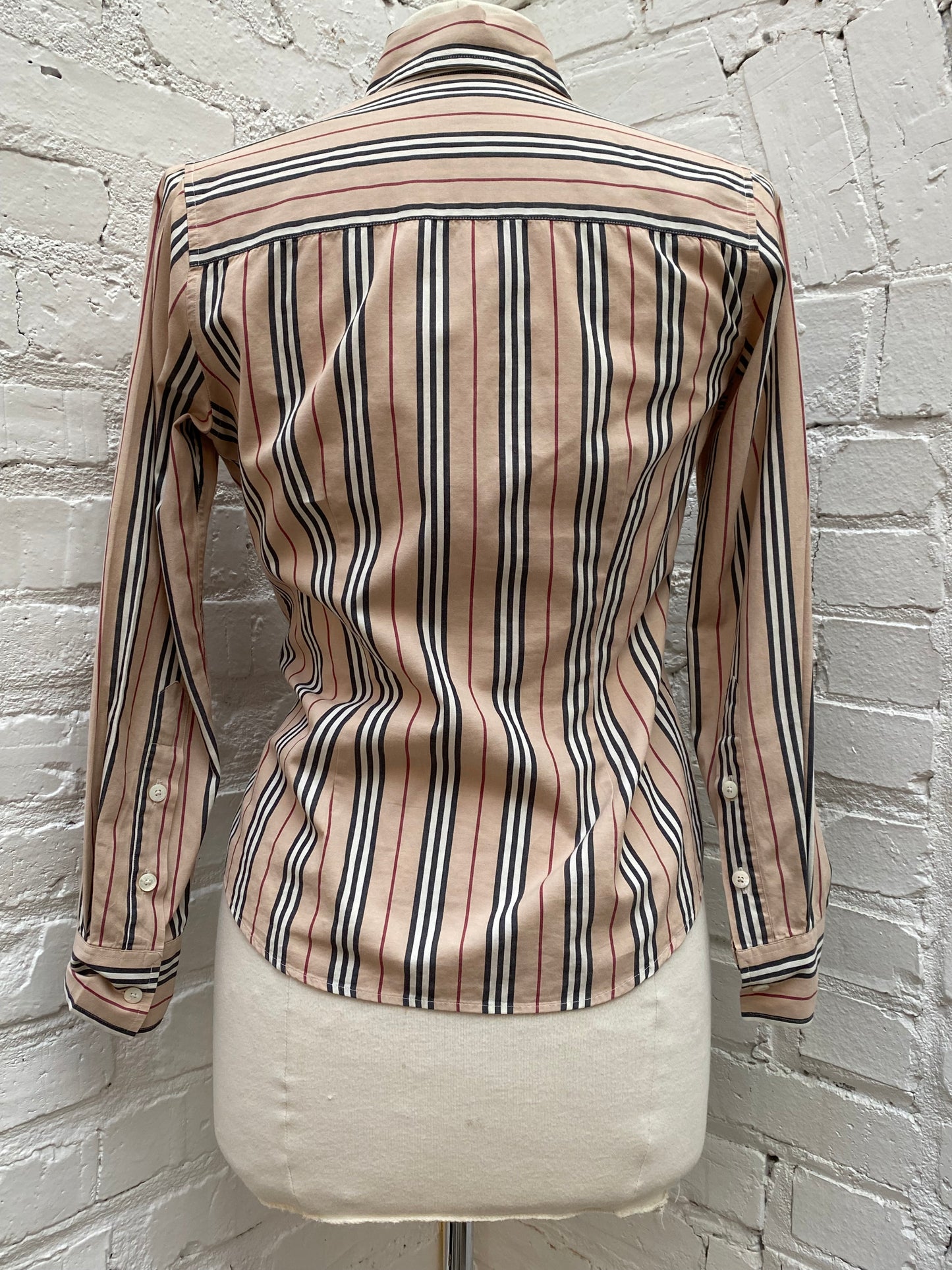 Burberry Brown, Black & Burgundy Striped Long Sleeve Button Down, S