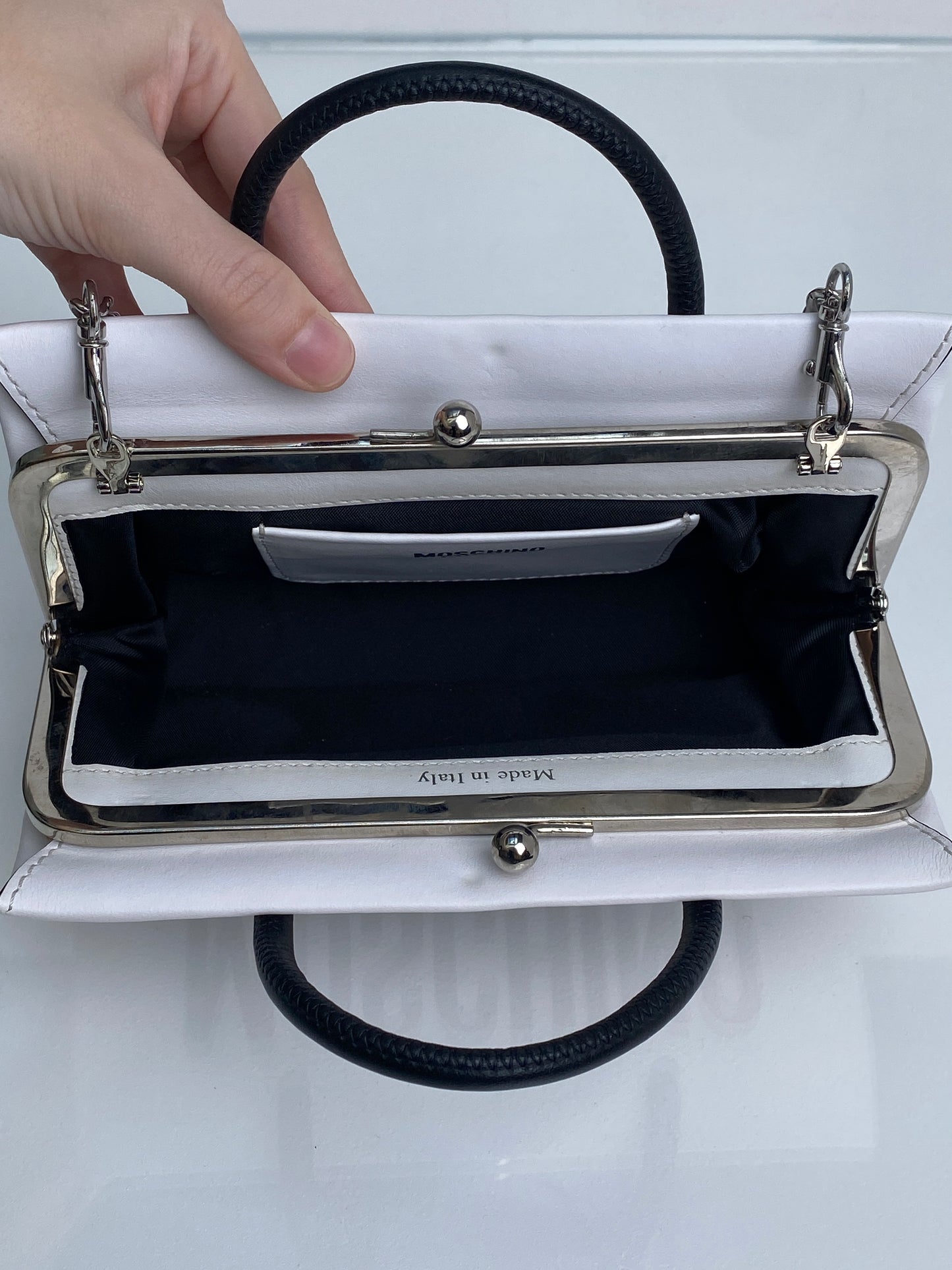 Moschino White & Black Leather Top Handle Small Bag SHW