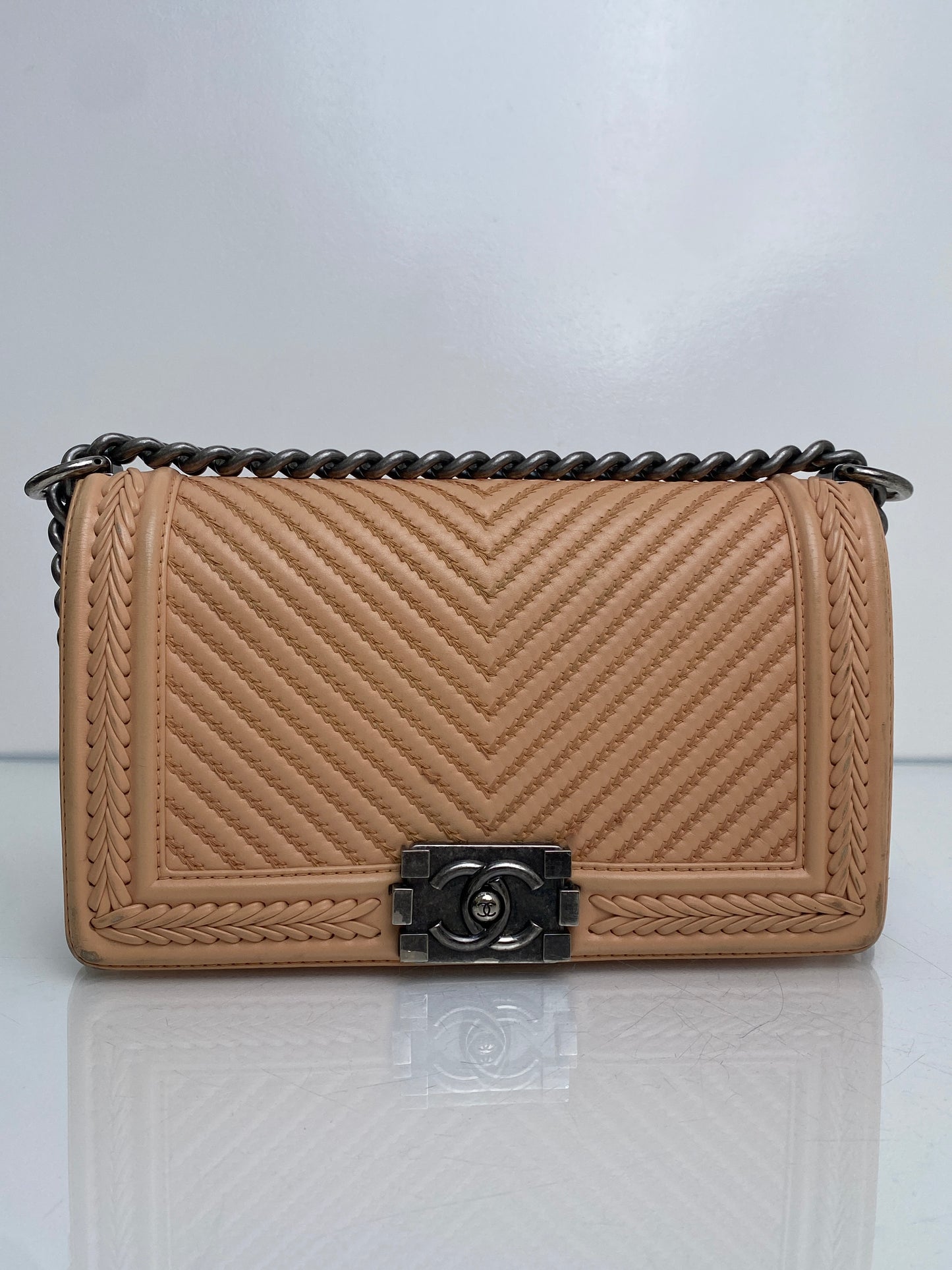 Chanel Medium Boy Bag Beige Stitched Chevron RHW #23