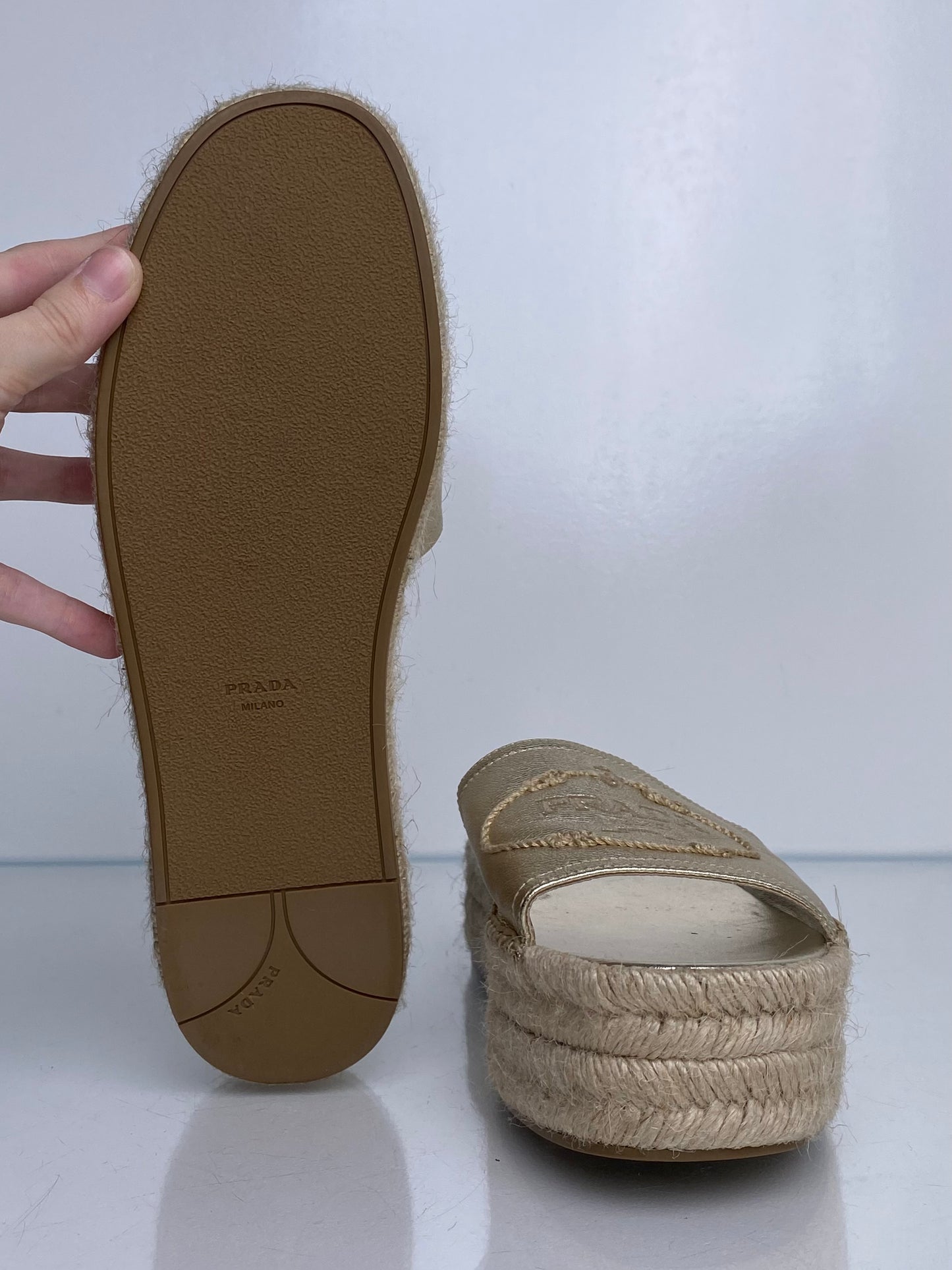 Prada Champagne Platform Espadrilles, 39.5