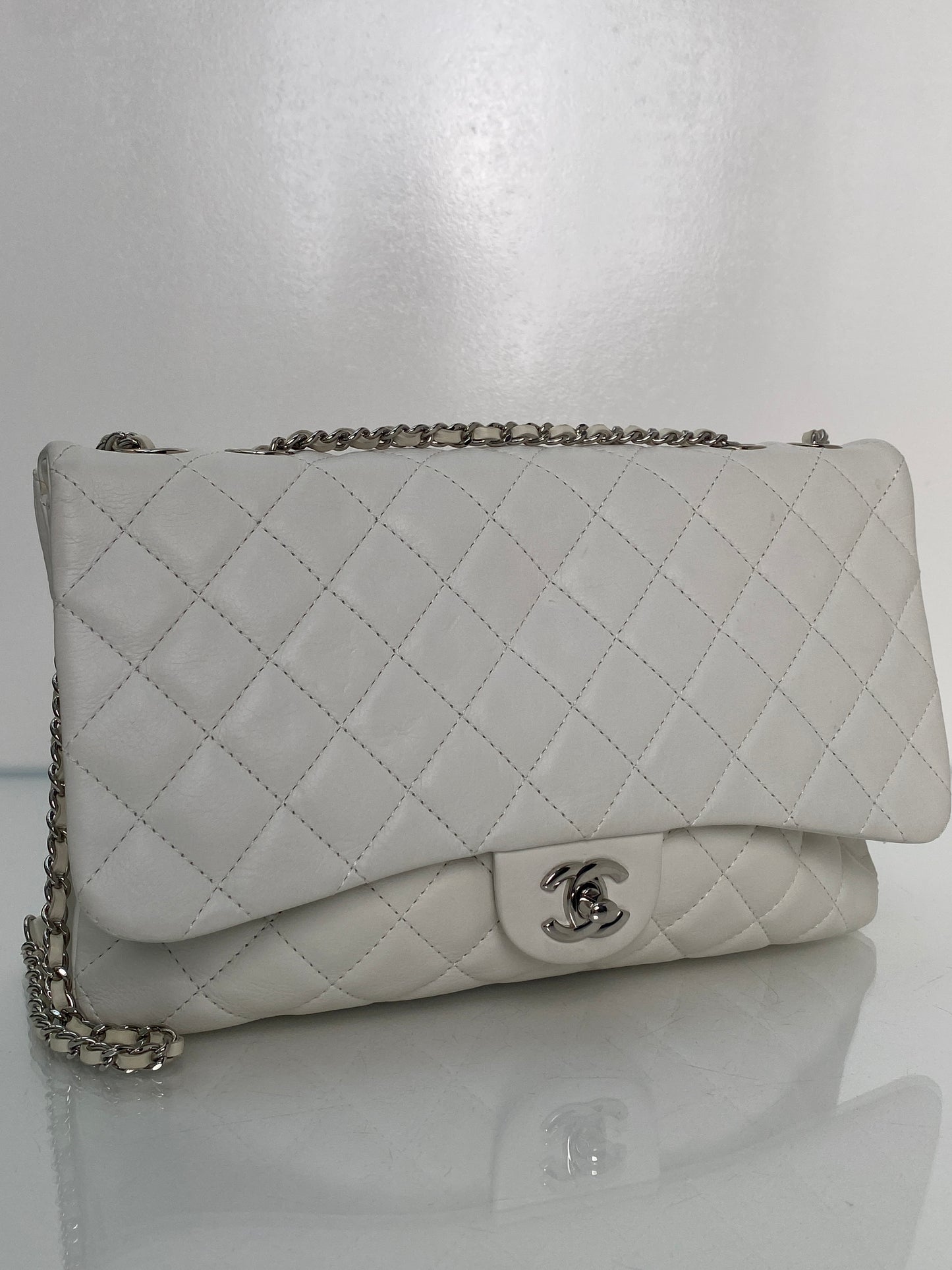 Chanel White Lambskin Quilted 3 Flap Bag SHW #19