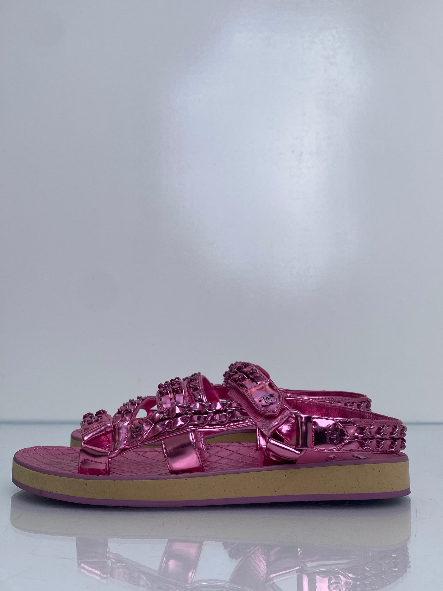 Chanel Pink Metallic Interlocking CC Chain Dad Flat Sandals, 40