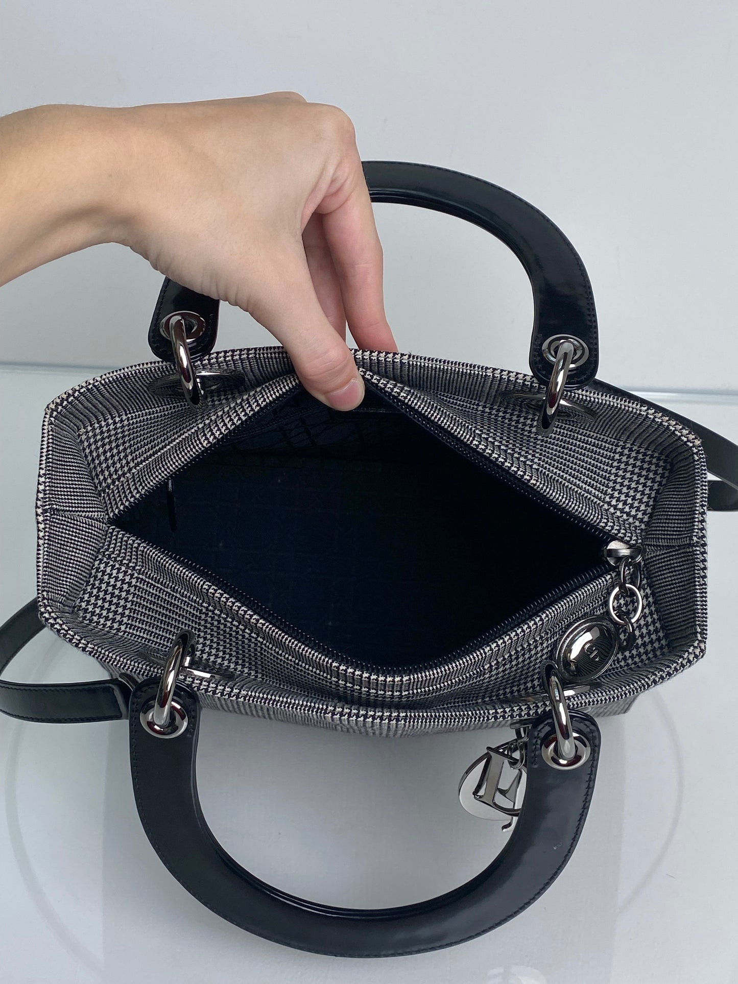 Christian Dior Grey Houndstooth & Black Patent Lady Dior Bag SHW