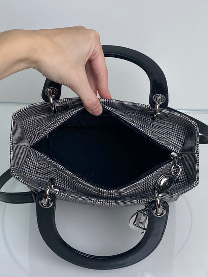 Christian Dior Grey Houndstooth & Black Patent Lady Dior Bag SHW