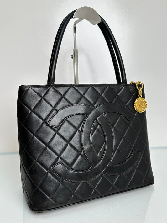 Chanel Vintage Black Quilted Calfskin Medallion Tote Bag GHW