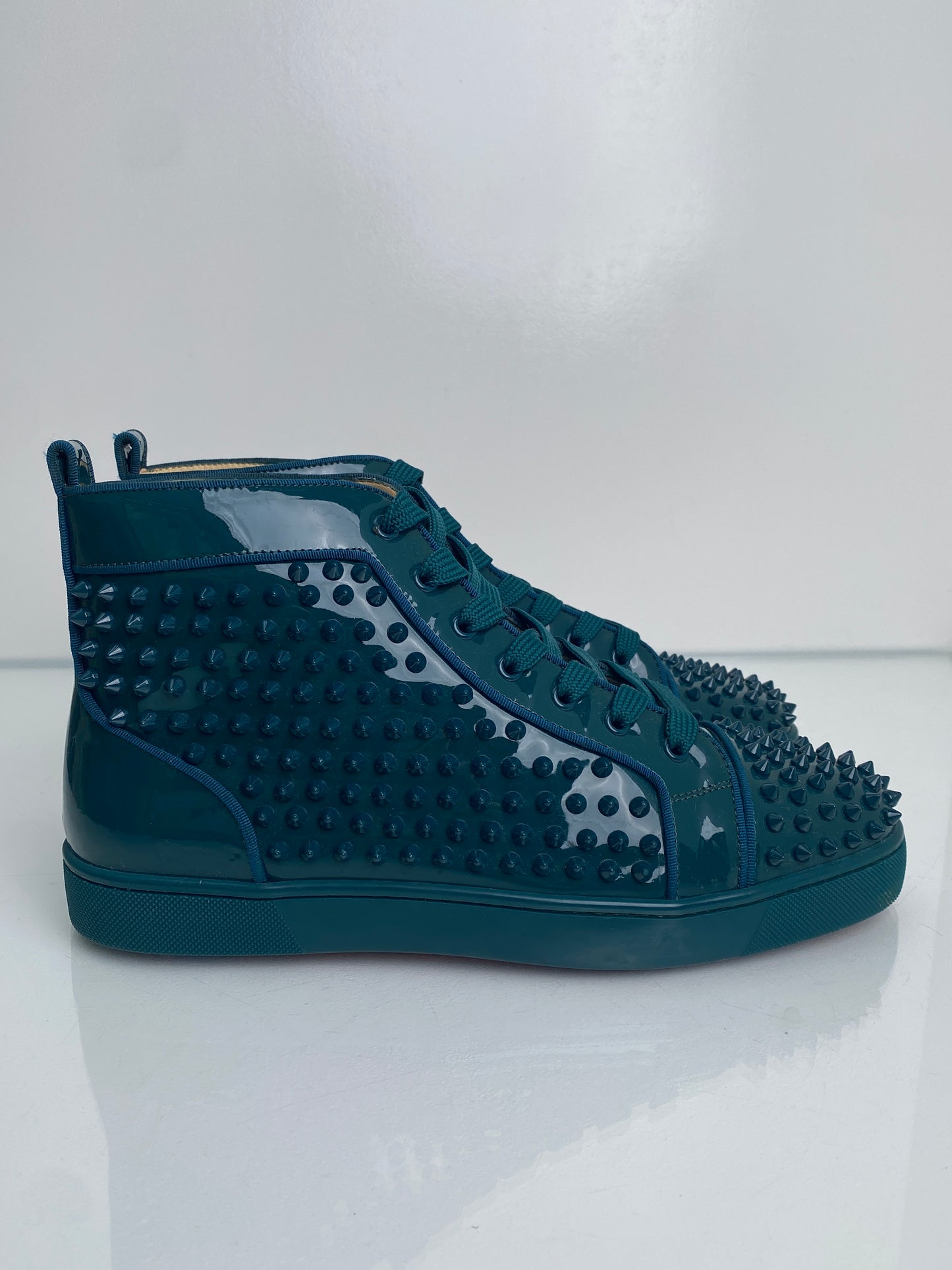 Christian Louboutin Dark Teal Spiked Patent Leather High-Top Sneakers, 43