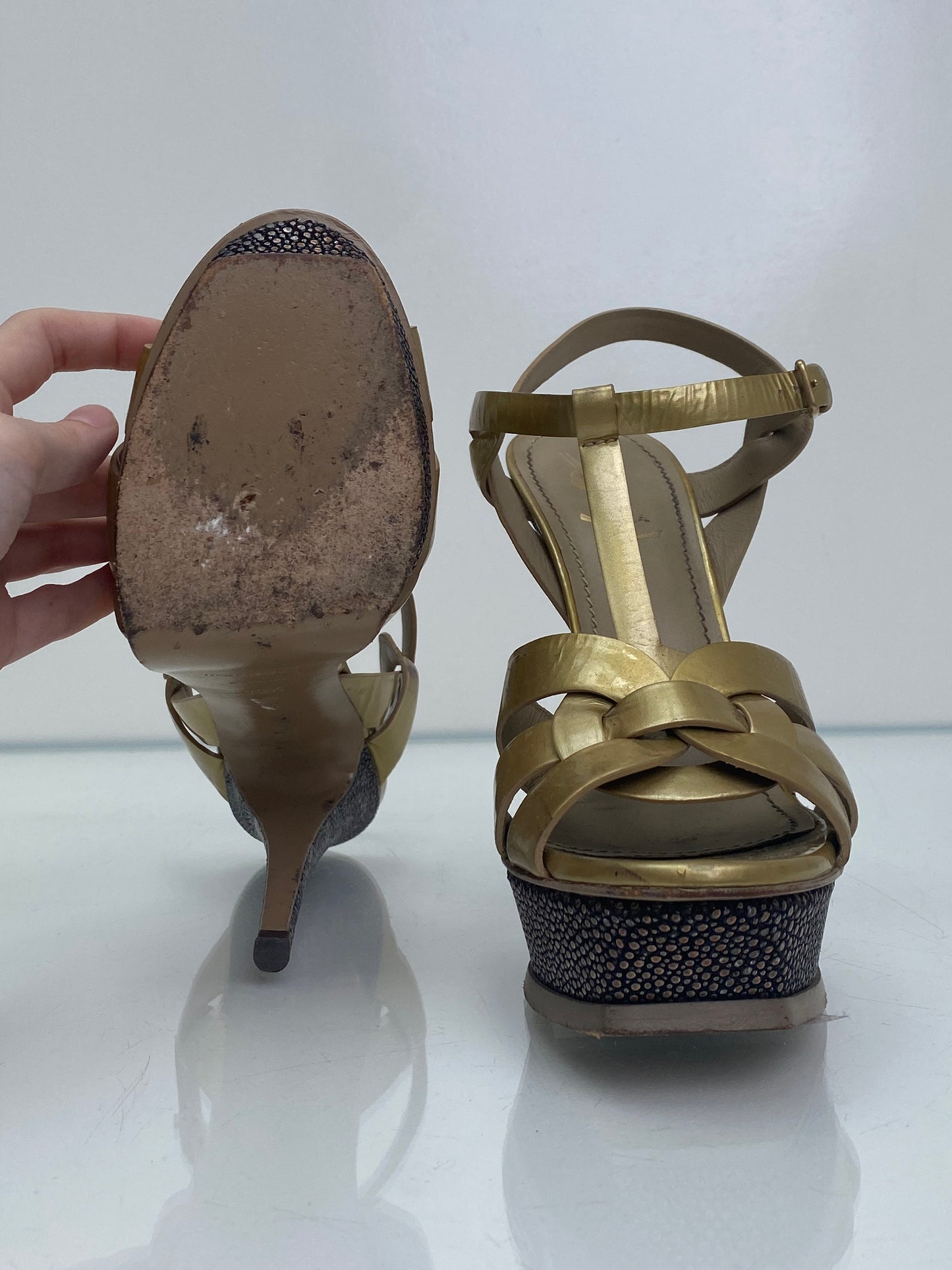 YSL Metallic Gold Platform Tribute Heels, 39.5 (As Is)