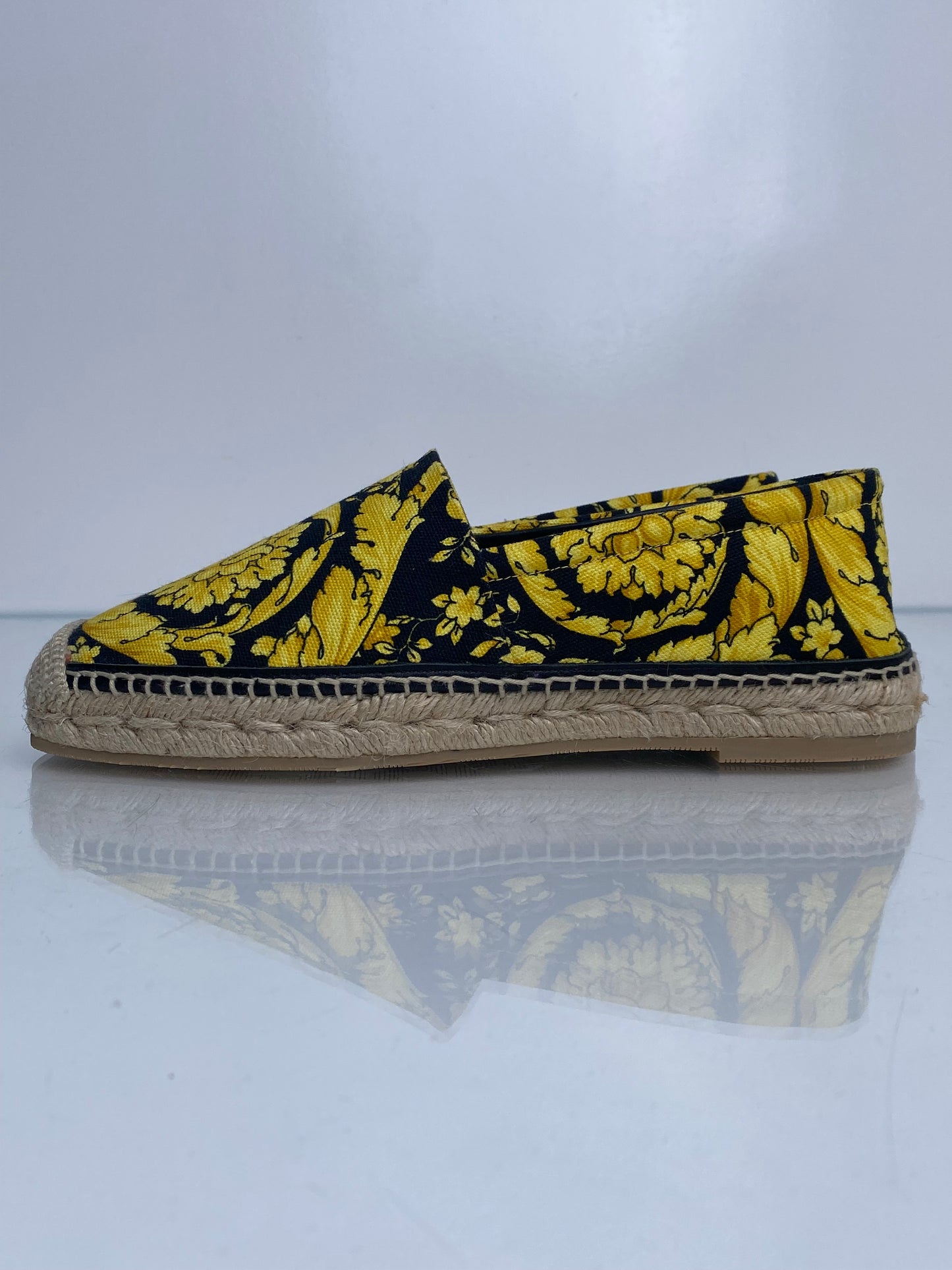 Versace Gold & Black Patterned Canvas Espadrille Flats, 39