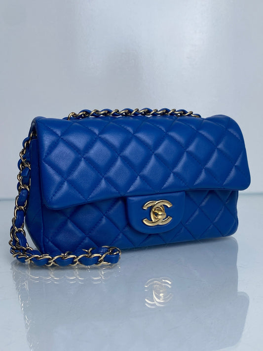Chanel Blue Quilted Lambskin Rectangular Mini Flap Bag GHW