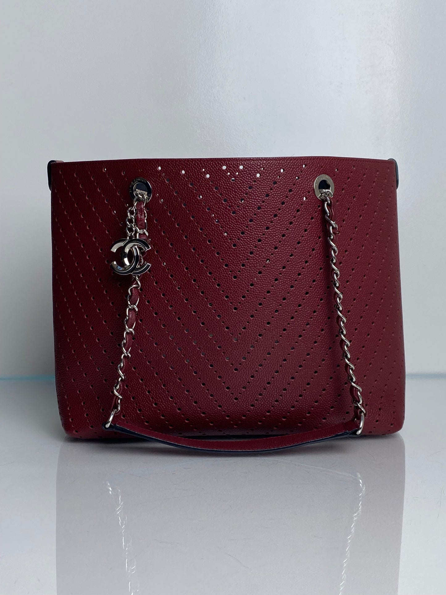 Chanel Burgundy Perforated Calfksin Medium Shopping Tote Bag SHW #22