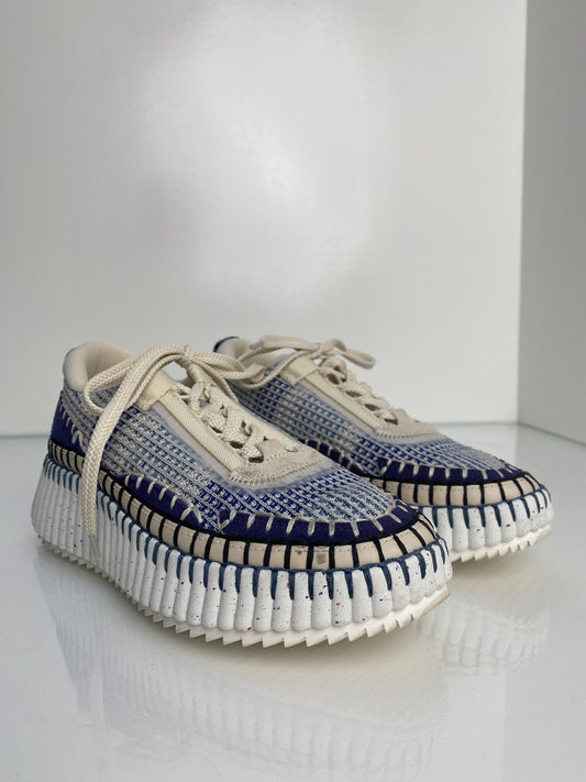 Chloe Blue & Beige Woven Sneakers, 36