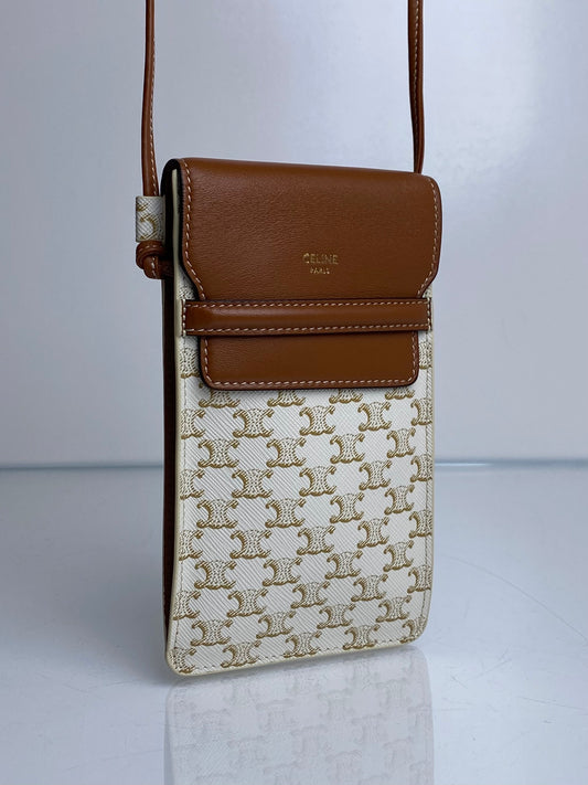 Celine White & Tan Triomphe Phone Holder Crossbody Bag