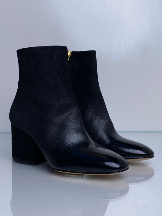 Ferragamo Black Suede To Patent Booties, 6