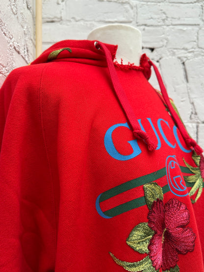 Gucci Red GG Floral Embroidered Logo Hoodie, L