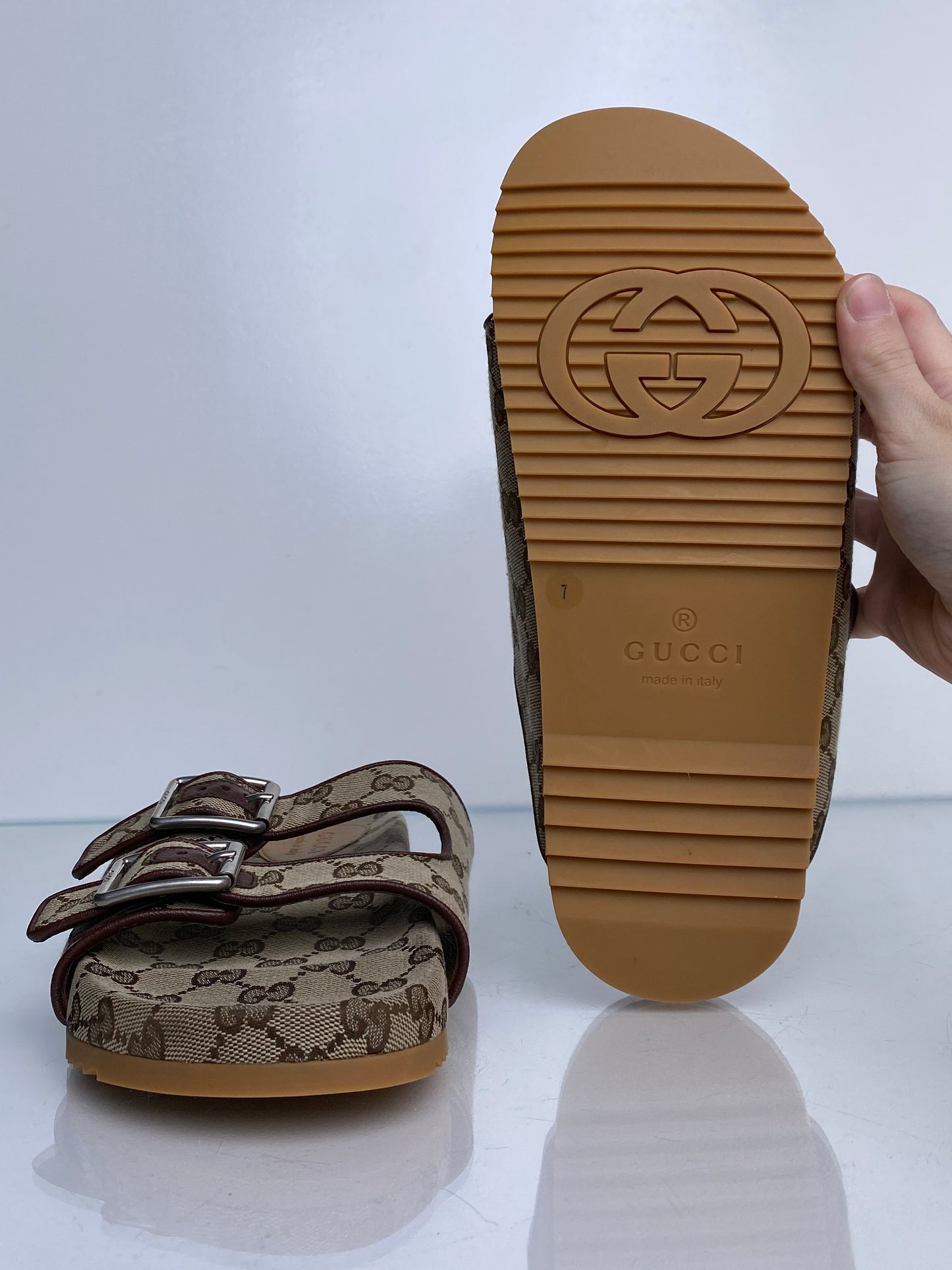 Gucci Sideline GG Canvas Slide Sandals, M7/W9.5