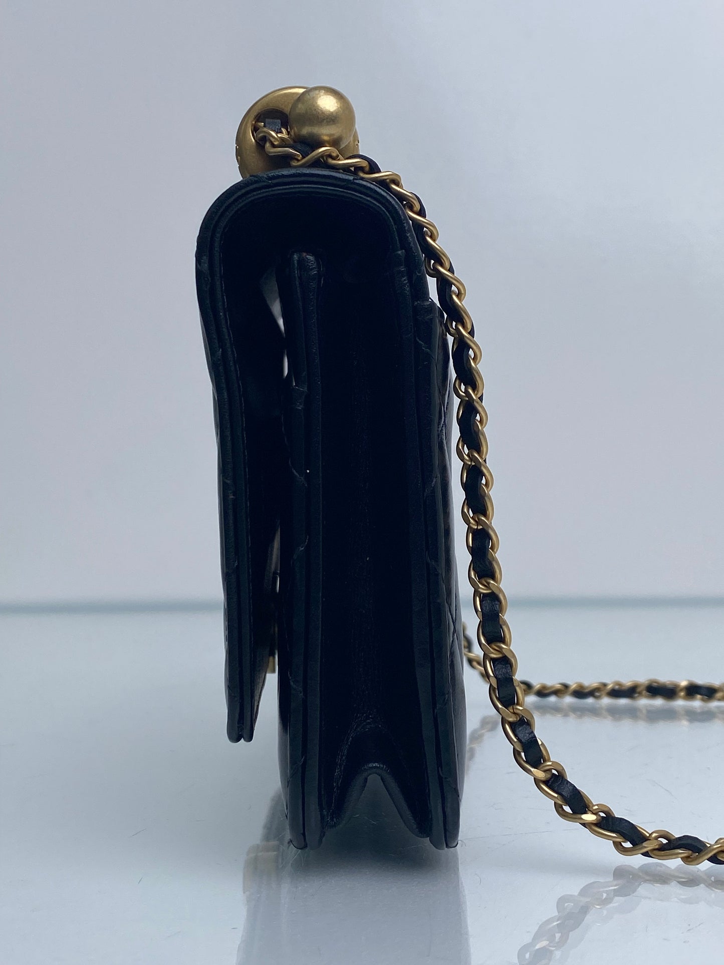 Chanel Black Shiny Calfskin Quilted Timeless Wallet On Chain Bag GHW