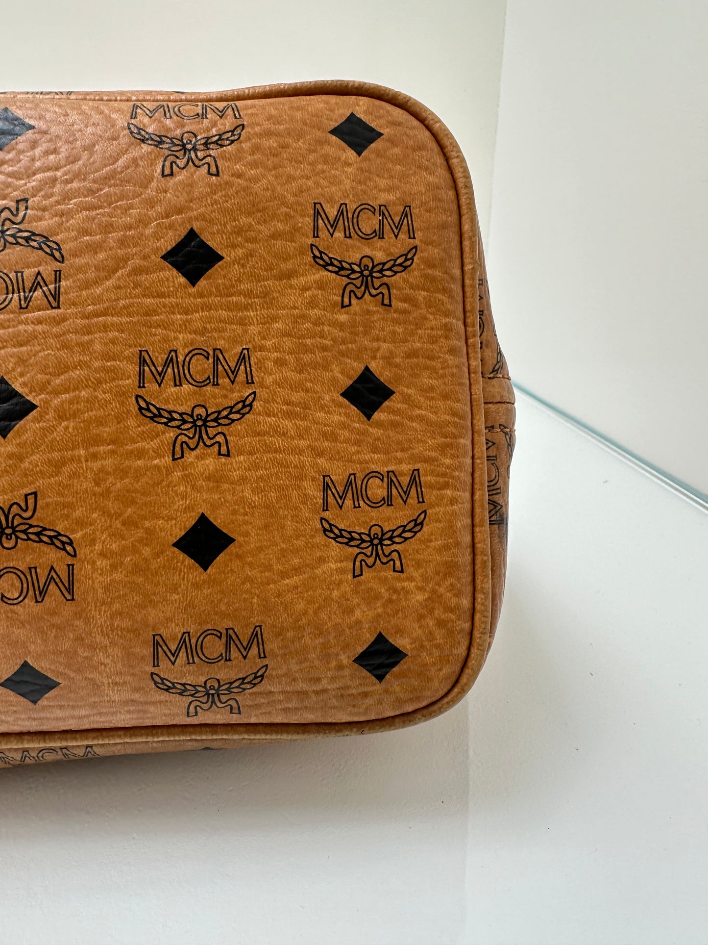 MCM Tan Logo Tote Orange Embossed Stripe